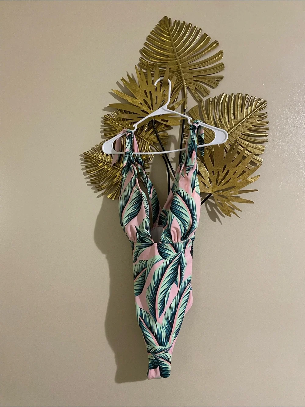 Pink Tropical Leaf One-Piece Swimsuit with Green Palm Print